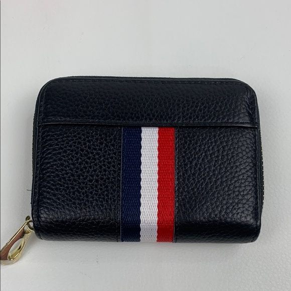 Black Leather Wallet Card holder Red White and Blue Stripe Gold Zip around NEW - Picture 1 of 10